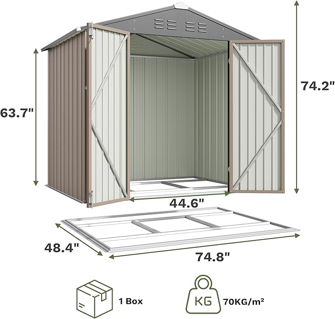 Greesum 6x4FT Outdoor Storage Shed with Base, Utility Tool Shed with Sloping Roof, Metal Storaged Garden Shed with Door & Lock for Patio Storage, Brown