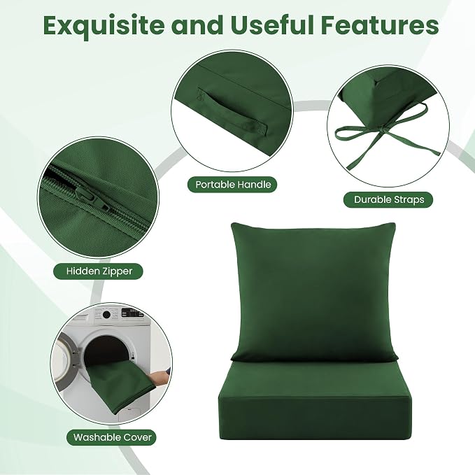 Patio Cushions for Outdoor Furniture, 24x24 Outdoor Couch Cushions, Waterproof & Fade-Resistant Patio Chair Cushions with Removable Cover, Replacement Outdoor Deep Seat Cushion, Forest Green(Set of 4)