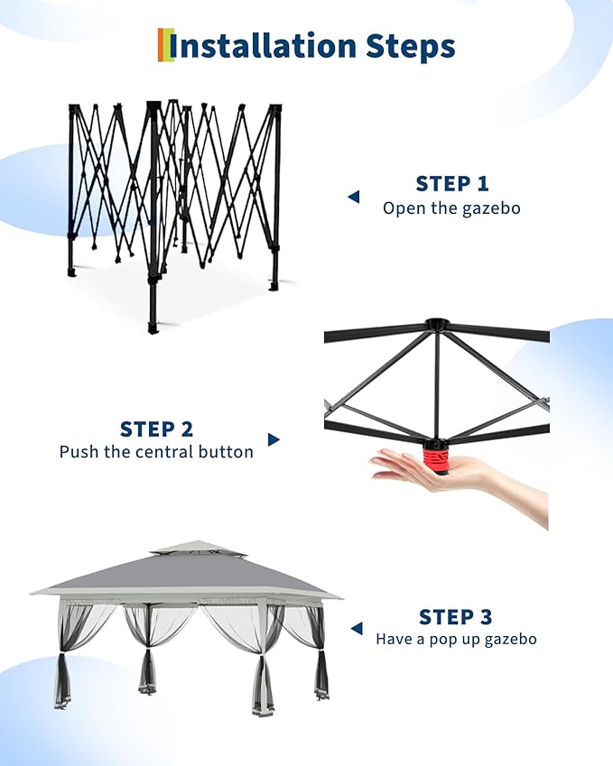 GarveeLife Canopy Tent 13x13 ft, Pop Up Gazebo One-Push Setup with 4 SandBags for Backyard Parties and BBQs, Mosquito Netting & Height Adjustable - Grey