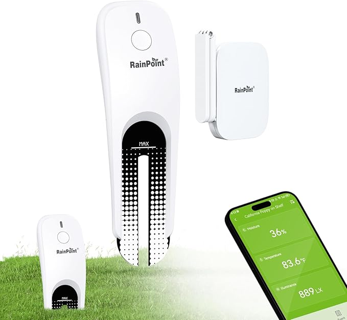 RainPoint 3-in-1 APP Remote Monitoring WiFi Soil Meter for Plant Indoor/Outdoor, Moisture/Air Temperature/Light Intensity Monitor and Custom Alert, IP66 Waterproof Wireless Sensor, 2.4GHz WiFi Support
