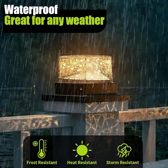 6Pack Crack Pattern Solar Post Cap Lights, DIY Firefly String Light Fence Post Solar Lights, 4x4 5x5 6x6 Vinyl/Wood Deck Post Cap Light, Built-in Solar Panel, Steady&Flickering Outdoor Patio Decor