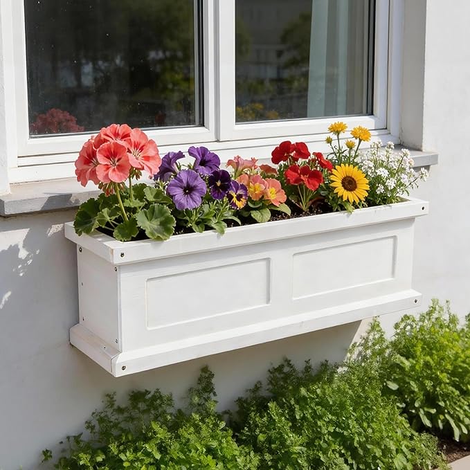 NAVREX 3-Foot Outdoor Flower Window Box, Wall-Mounted Whitewash Window Boxes Planters for Outside Balcony/Windowsills, Patio & Garden or Railing, Fir Wood Window Flower Boxes, Assembly Required