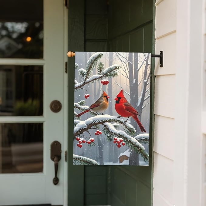 Winter Cardinal Bird House Flag 28x40 Inch Red Brown Birds Christmas Holiday Seasonal Theme Decorative Garden Flags for Outside Double Sided Outdoor Home Farmhouse Decoration Porch Yard New Year Decor