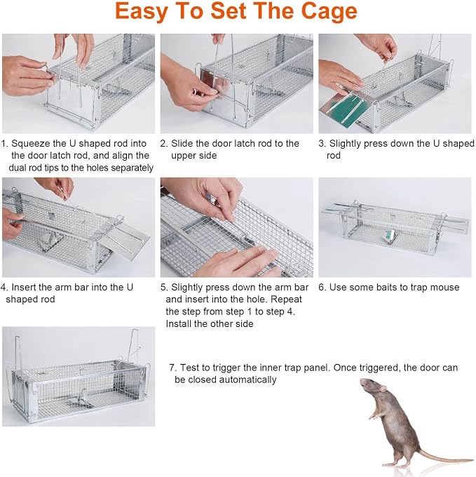 TeqHome 2-Door Humane Rat Cage Trap, Metal Live Animal Trap Cage, Small Humane Catch Release Rodent Cages, Upgraded Indoor & Outdoor Live Traps for Squirrels, Mouse, Rats, Mice - 16.6x6.1x4.33 Inches