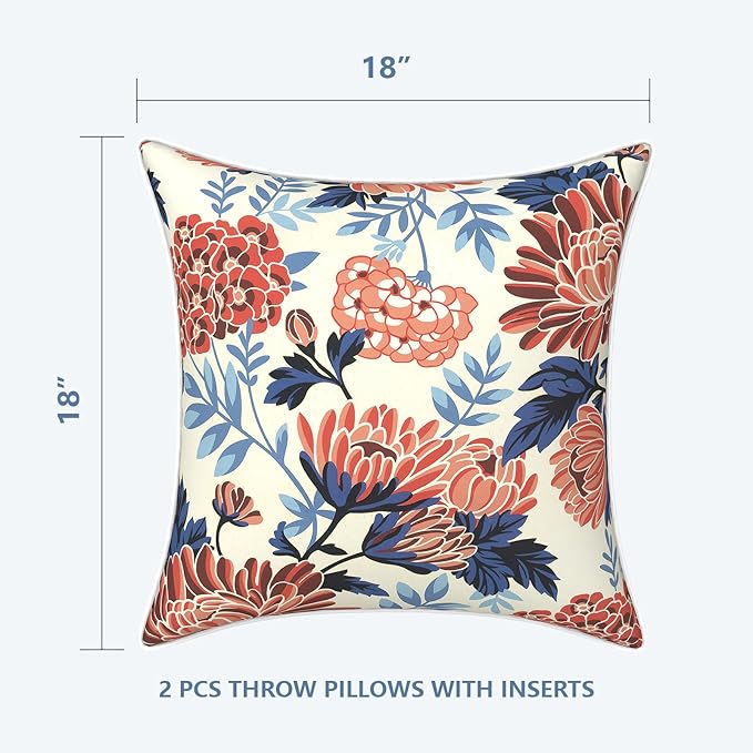 LVTXIII Outdoor Throw Pillows 18x18 Patio Waterproof Square Pillows with Piping Fade Resistant Accent Pillow for Spring Summer Garden Decoration, Set of 2, Red Chrysanthemum