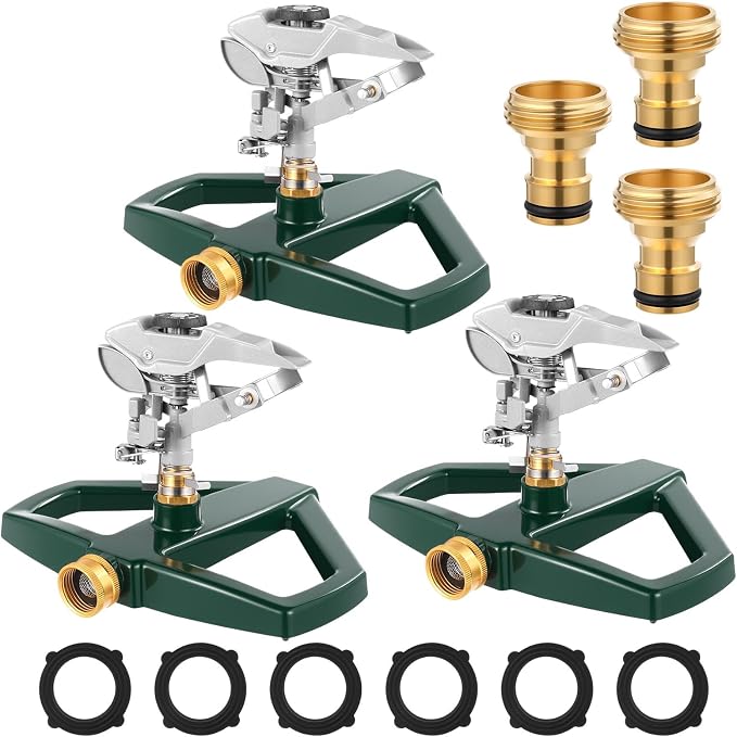 3 Sets Rotating 360 Degree Swivel Garden Sprinkler Pulsating Impact Sprinkler with Metal Base, Heavy Duty Adjustable Garden Hose Sprinklers System for Large Area Lawn Yard(Large Head)