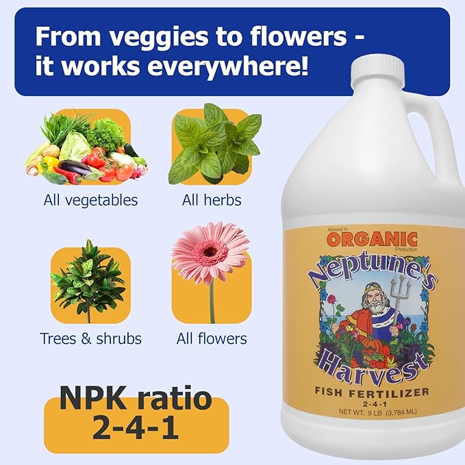 Neptune's Harvest Fish Fertilizer (2-4-1) - Organic Liquid Plant Fertilizer - Fish Hydrolysate for Vegetables, Flowers, Fruit, Trees, Grass - Indoor and Outdoor Plant Food (Gallon)