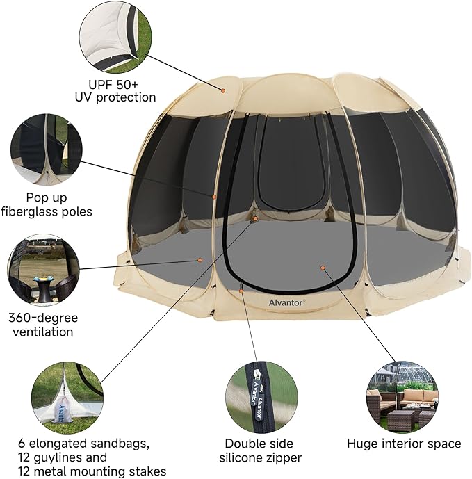 Alvantor Pop Up Screen House Tent, Instant Outdoor Gazebo with Mosquito Netting & UPF 50+ Sun Protection, Portable Canopy Shelter for Patio, Backyard, Camping (2-10 Person)
