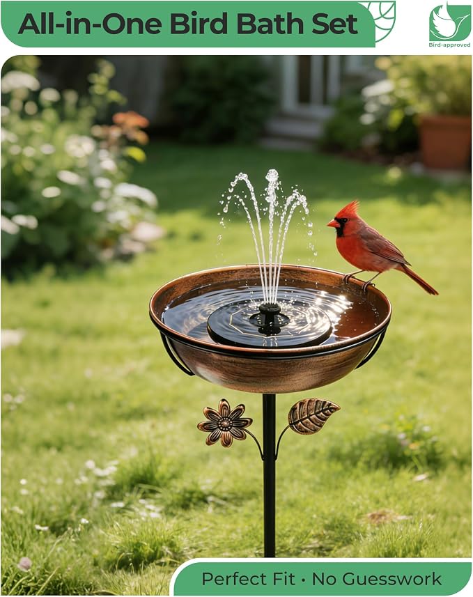Metal Bird Bath with Solar Fountain - 12" Outdoor Birdbath Bowl + 6.3" Solar Pump with Battery LED Lights & with 4 Fixed Rods | Garden Bird Bath for Yard, Lawn, Patio, Flowing Water Feature