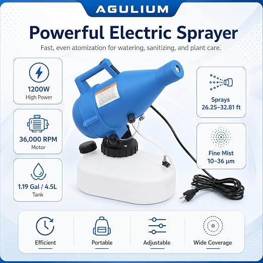 4.5L/1.2Gal Electric ULV Fogger Sprayer Machine, 1200W Portable Cold Fogger Machine, 32ft Spraying Distance, Adjustable Flow Rate, Electric Sprayer for Home School Hotel Garden Yard Lawn