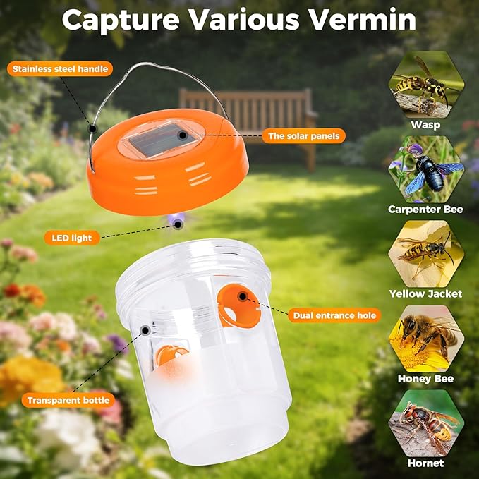 2 Pack Wasp Traps Outdoor Hanging Carpenter Bee Trap for Hornet, Yellow Jacket, Wasps, Reusable Solar Wasp Catcher, Bee Catchers for Outside