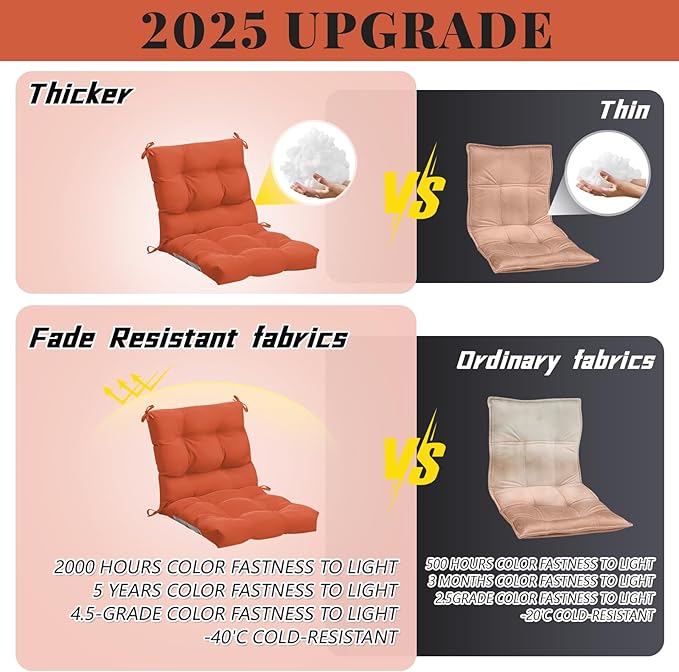 Marsui 4 Pcs Outdoor Indoor High Back Chair Cushions Patio Furniture Tufted Pillow with Ties Water-Resistant Replacement Outdoor Rocking Chair Cushions, 42 x 21 Inches (Orange Red,Solid Color)