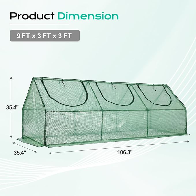 BPS 9x3x3 ft Mini Greenhouse with Green PE Cover UV-Protected Roll-Up Zipper Doors, Ideal for Indoor or Outdoor Use on Raised Garden Beds