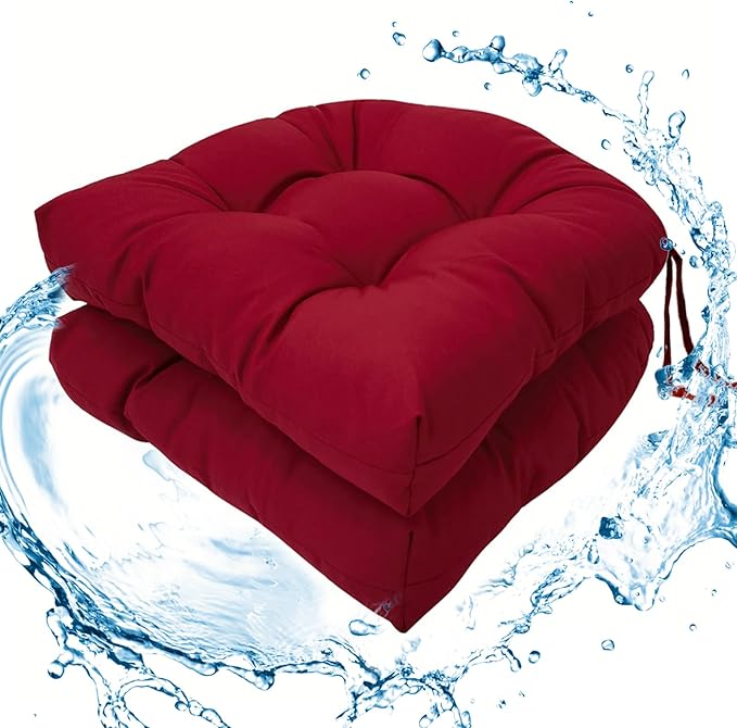 Outdoor/Indoor Chair Cushions Burgundy, Tufted Patio Seat Cushions Round Corner, 2 Pack Waterproof Chair Pads with Ties, 19"x19"x3.9"