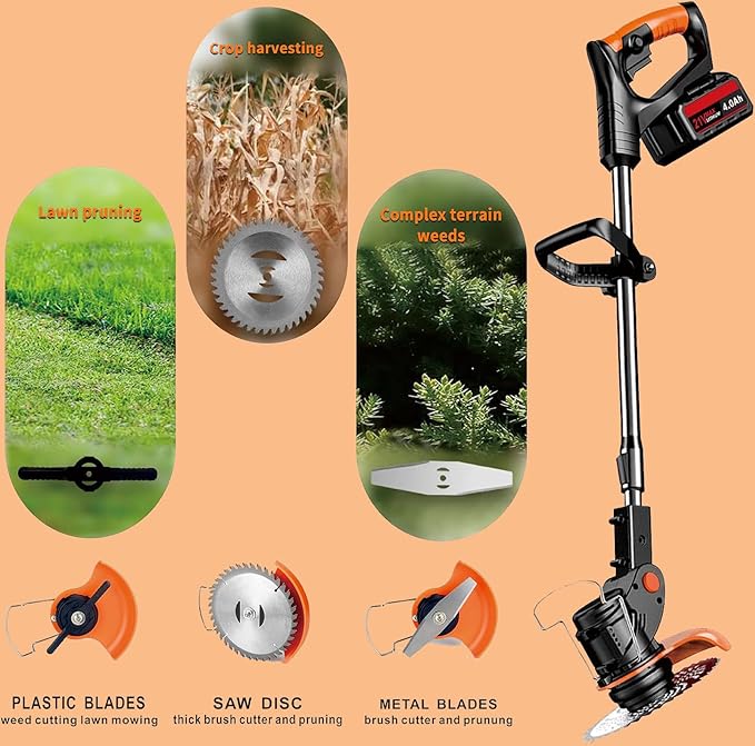 21V Cordless Weed Wacker, Electric Weed Eater Brush Cutter Lawn Edger - 3.9 lbs Lightweight Weed Trimmer with 3 Types Blades, Adjustable Height & Cutting Angle for Yard Garden Lawn Care