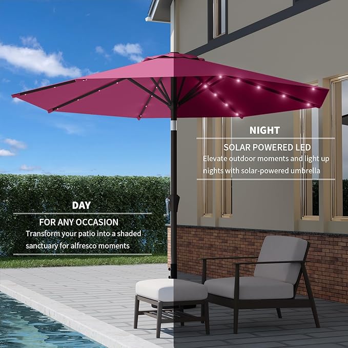 9FT Patio Umbrella with Solar Lights,Outdoor Market Umbrella with Tilt and Crank, LED Lighted Table Umbrella for Garden,Deck,Backyard,Pool,Beach