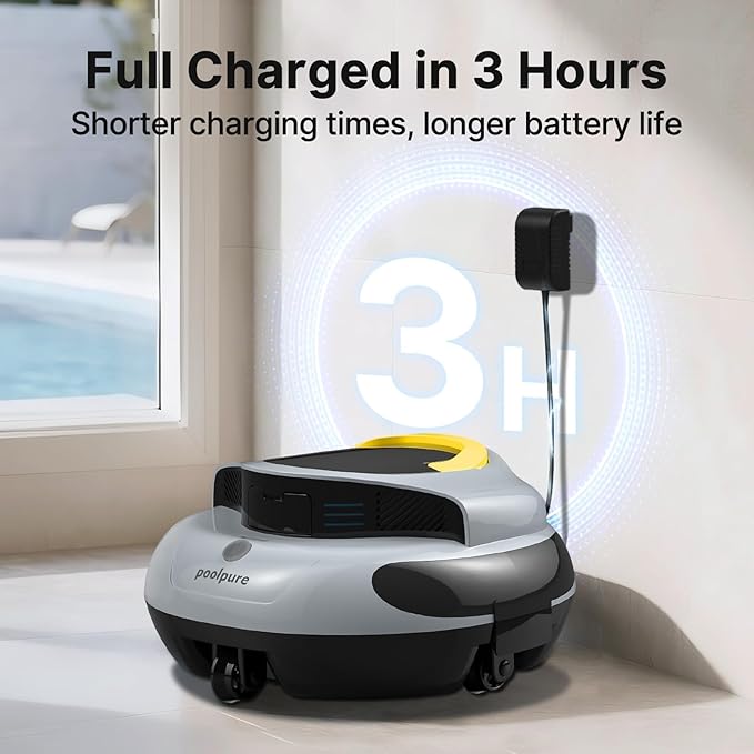 POOLPURE Pool Cleaner, 5000mAh Battery, 100 Minutes Runtime, 1000 Sq Ft Coverage, Automatic Cleaner (Yellow Gray)