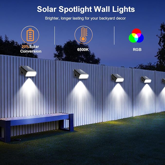 Waterproof Solar Fence Lights, Up to 30+ Hours Runtime Dusk to Dawn, RGB Color Changing Red White Blue Fixed Color for 4th of July Father's Day Decor Gift, Solar Deck Lights for Yard Garden