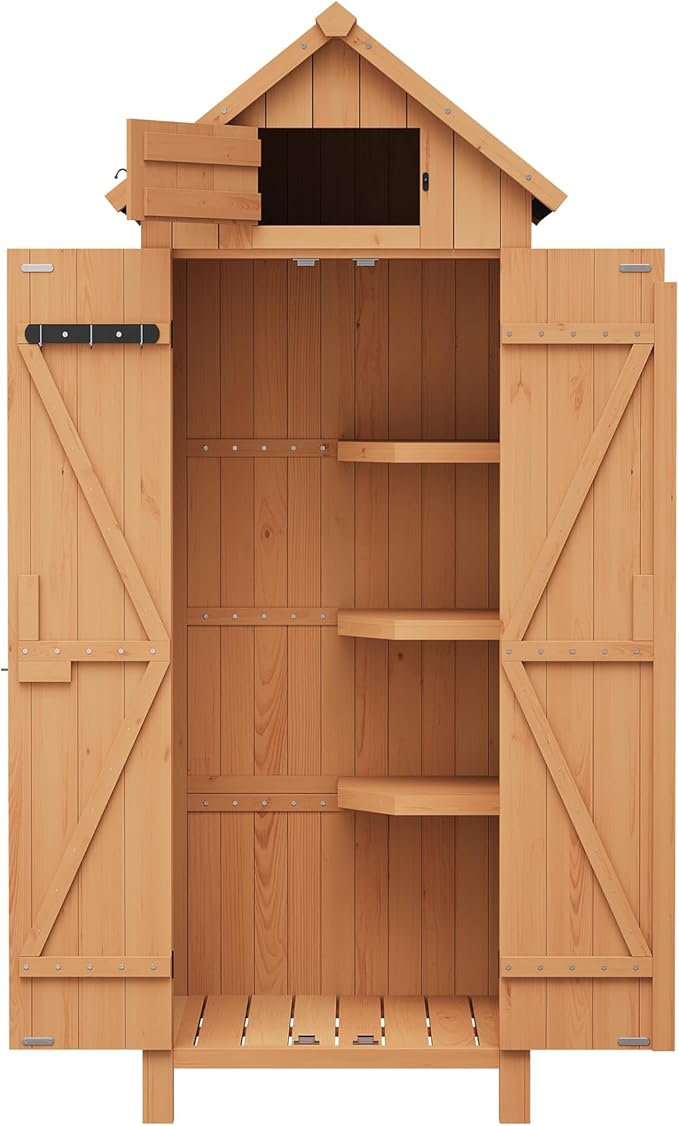 70" Tall Outdoor Storage Shed, Wooden Garden Storage Cabinet with Shelves, Waterproof Vertical Tool Storage Organizer with Lockable Doors for Patio, Backyard, Lawn Equipment & Yard Supplies