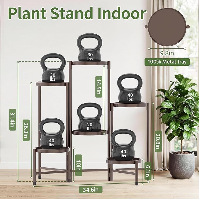 LASZOLA 6 Tier Large Plant Stand Indoor Tall with 10 Inch Metal Tray, Corner Folding Flower Display Rack, Modern Plant Holder Shelf for Outdoor Patio Porch Garden Office Living Room, Bronze