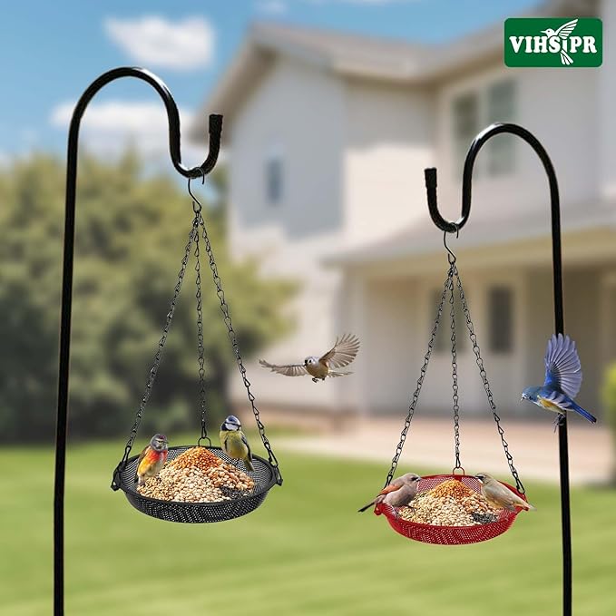 Hanging Bird Feeder for Outdoors – 9 in Metal Mesh Bird Feeder Tray Platform for Small Wild Birds, Black