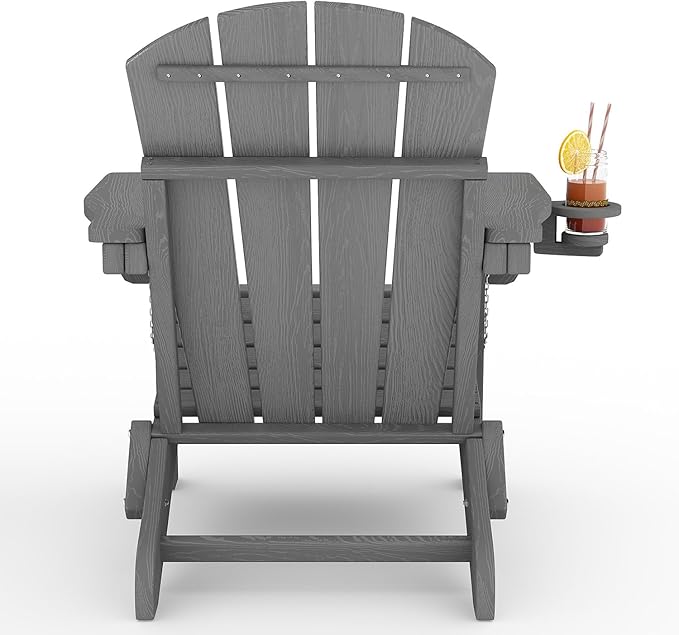 GarveeLife Folding Adirondack Chair Set of 4, All-Weather HDPE Outdoor Chair, Wooden Textured with Cup Holder for patios, Decks, Gardens, fire pits, Grey