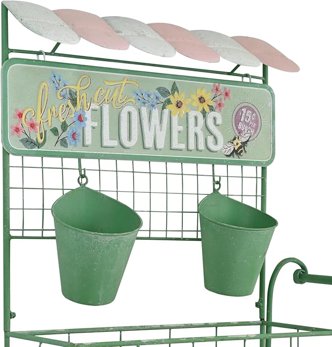 Vintage Wall-Mounted Flower Cart Organizer - Rustic Green Metal & Wood Hanging Planter with 2 Bucket Planters for Indoor/Outdoor Garden, Kitchen, Patio Decor