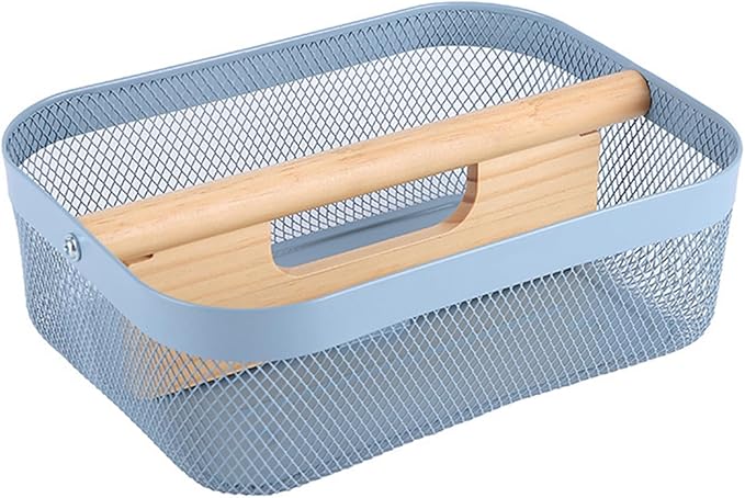 AJIODA Metal Mesh Steel Storage Basket, Garden Harvest Wire Organizer Basket Multi-functional Kitchen Fruit Basket with Wooden Removable Partition & Handle for Bathroom Picnic Decor Cabinet, Blue
