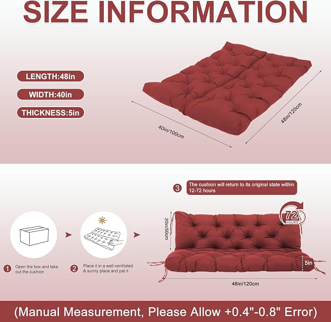 Porch Swing Cushions 48 inch Waterproof & Fade Resistant Thicken 5" Outdoor Swing Cushions 2 Seater Replacement with Backrest & Ties Patio Swing Cushions for Outdoor Furniture (Wine Red)