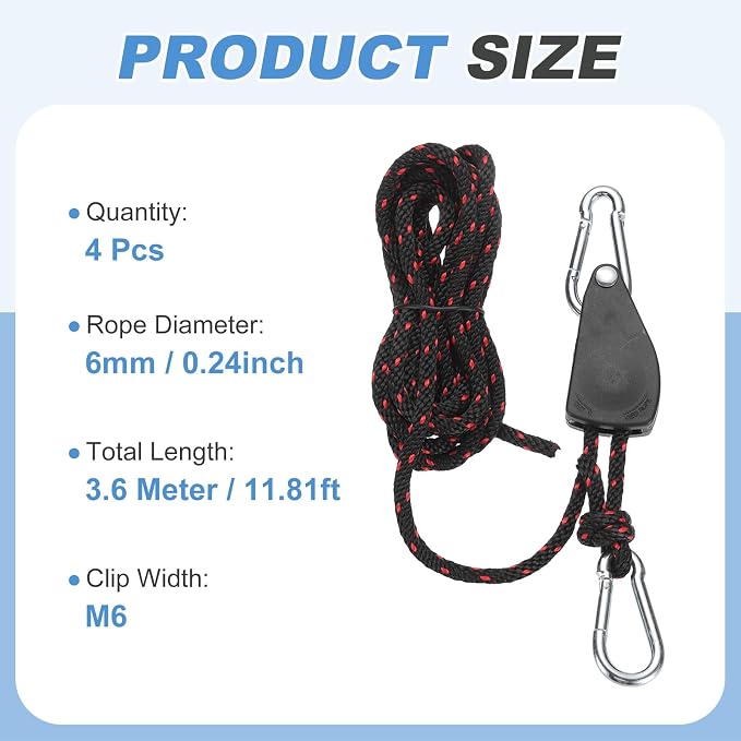 uxcell 4 Pairs 1/4" Adjustable Rope Hanger, 11.81ft(3.6 Meter) Heavy Duty Ratchet Tie Down Strap with Rope Clip Hanger for Hanging Plants, Grow Light and Various Tie-Down Uses, Black/Red