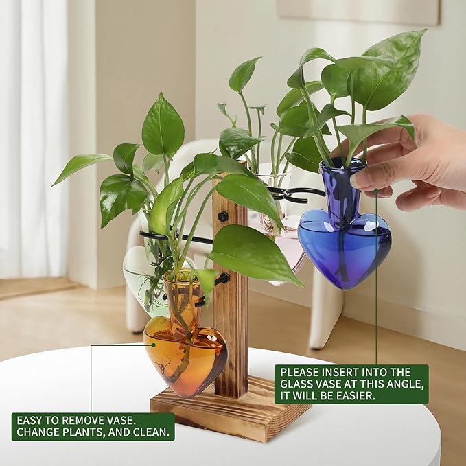 Plant Terrarium Propagation Stations with Wooden Stand | Glass Vase for Indoor Hydroponics Home Garden Office Decoration Gift for Women - 4 Love Bulb Vase