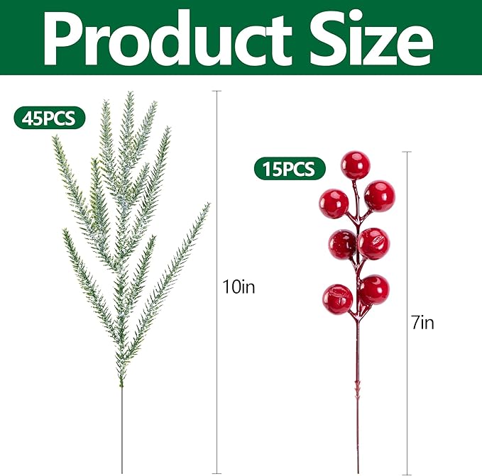 60 Pcs Christmas Snow Norfolk Pine Branches with Red Berry Stems, Snowy Artificial Xmas Branches Pine Tree Needle, Berries White Frosted Fake Greenery Norfolk Pines Stems Sprigs for Garland Home Decor