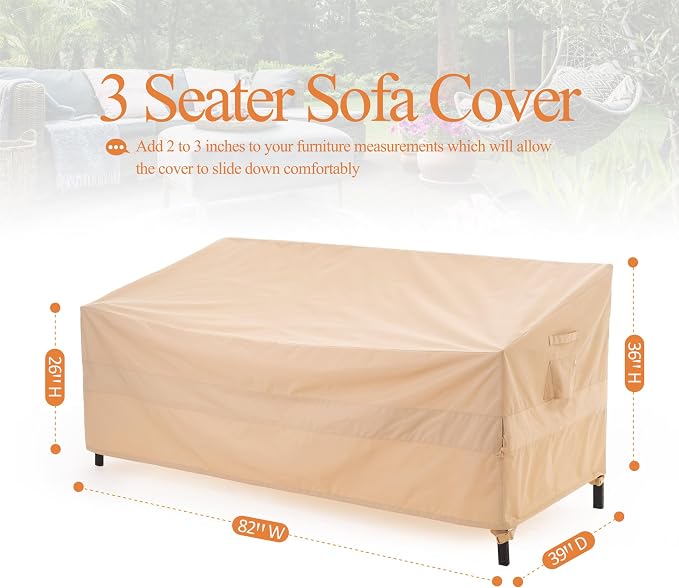 WJ-X3 Ripstop 3-Seater Outdoor Couch Cover, Heavy Duty Patio Sofa Cover,Waterproof & Wind Resistant,82W x 39D x 36H, Beige