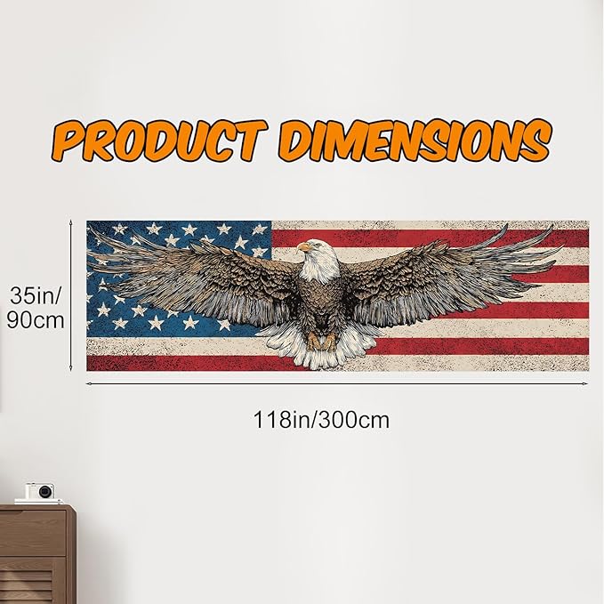 10x3 ft Extra Large Independence Day Eagle Flag Banner Outdoor 115''x35'' Eagle Flag Patriots Banner for Fence Outside Garden Large Flower Banners Yard