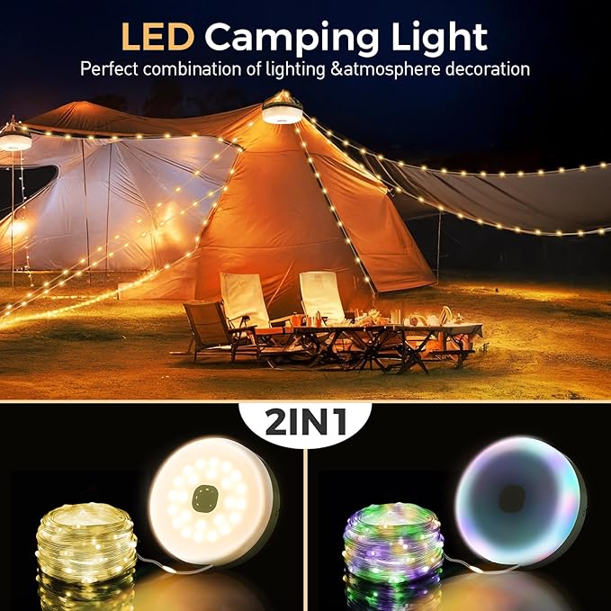 Camping String Lights, Quick Storage 32.8FT Rechargeable Tent Lights String with 8 Modes, Hanging Waterproof Portable LED Lamp for Camping Outdoor Patio Awning Garden Party Essentials
