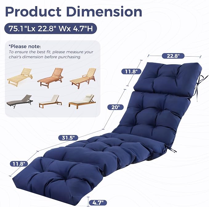 Outdoor Chaise Lounge Cushions 75.1x22.8x4.7 Inch, Waterproof Lounge Chair Cushions for Pool, Patio, Deck, Lawn, Fade Resistant Lounge Cushions for Outdoor Furniture with Ties, Navy Blue