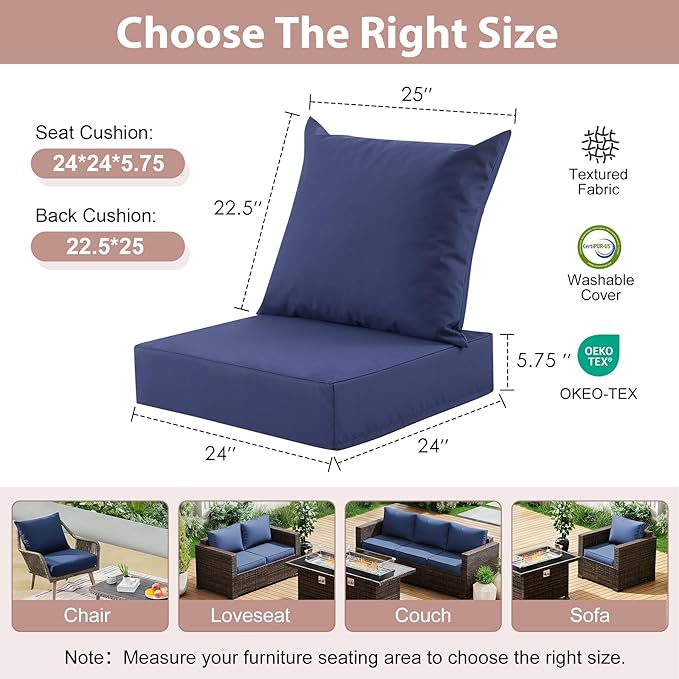 Outdoor Deep Seat Cushion Set, 24x24 Inch Water-Resistant & Fade-Resistant Outdoor Chair Cushions, Patio Furniture Cushions with Removable Cover for Patio Chair, Sofa,Navy Blue (Set of 2)