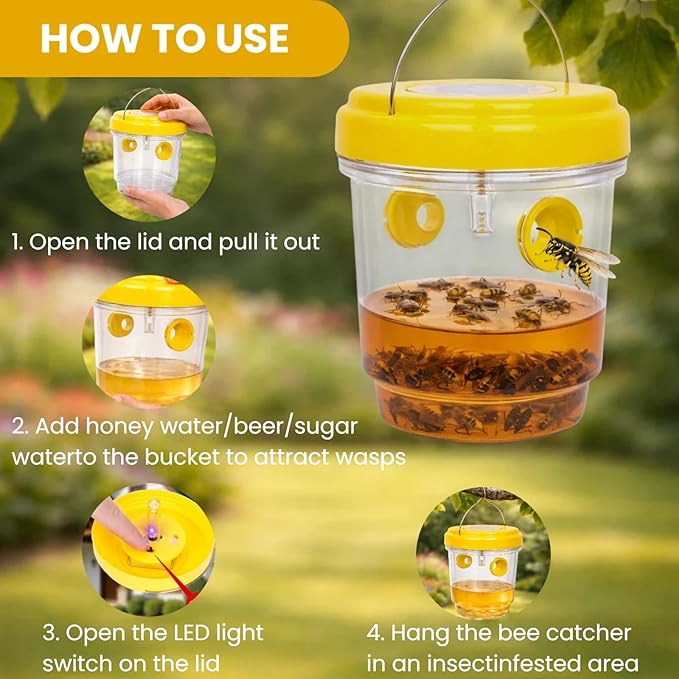 Upgraded Wasp Trap Outdoor Hanging, Reusable Yellow Jacket Trap with Bait Reservoir, Carpenter Bee and Hornet Catcher, Hanging Wasp Catcher for Outdoor Use