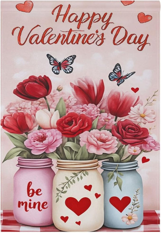 Happy Valentine’s Day Flowers Pink House Flag 28x40 Inch Double Sided Outside Love Tulip Rose Spring Butterfly Seasonal Yard Outdoor Flag Banner for Garden Lawn Patio Holiday Decorations