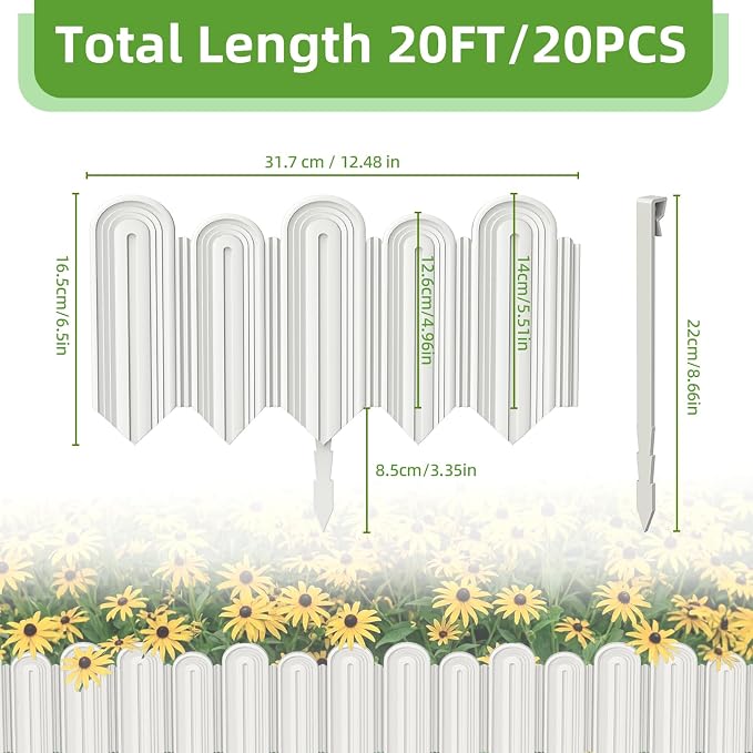 Vashly 30ft Landscape Edging No-Dig, 5.9 Inch Tall Garden Border, Flexible with 30 Stakes, 30 Pack for Flower Beds Lawn Yard Pathway(30, White)