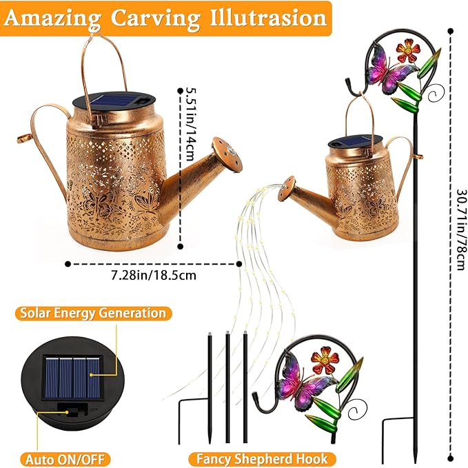 Solar Butterfly Watering Can Lights, Gifts for Mom Grandma Women Wife Daughter Mother's Day, Waterproof Hanging Lantern Lights with Shepherd Hook, Outdoor Decor for Garden Patio Yard Porch Backyard