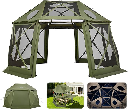 VEVOR Pop Up Gazebo Screen Tent, 13 x 13 ft Large High 13-Sided Camping Canopy Tent with Removable Top & Carry Bag, Quick Set & Bite-Proof Mesh Screen Sun Shelter for 10-12 Persons Backyard Patio