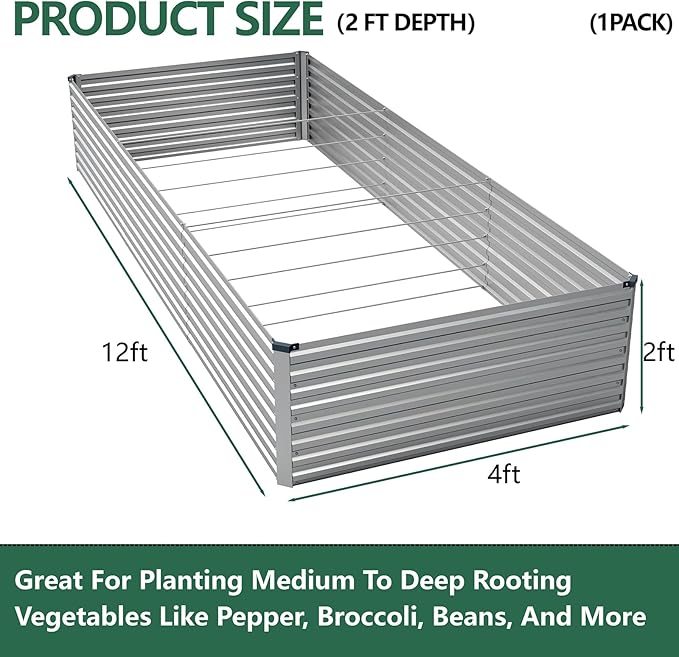 Vengarus 12x4x2F Galvanized Raised Garden Bed Kit, Deep Root Planter Box Outdoor Large Planter Raised Beds for Planting Flowers,Vegetables and Herbs-Silver