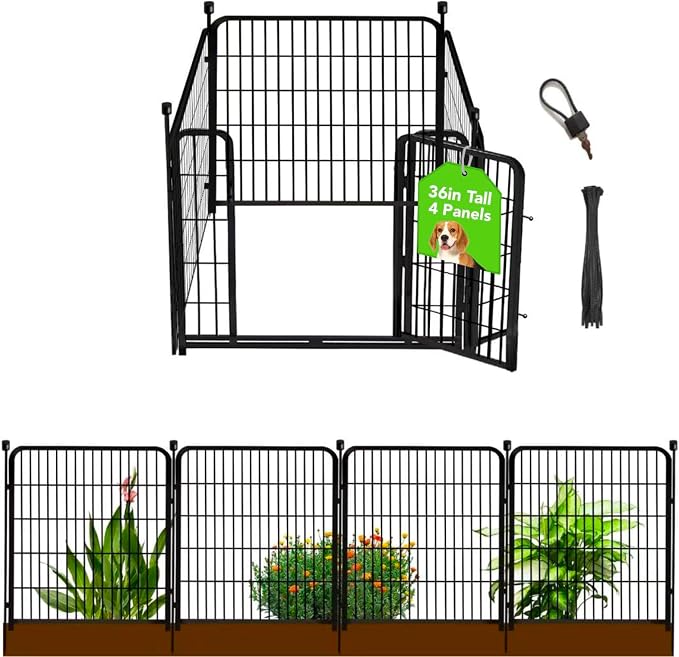 Getlay Garden Fence with Gate 36 in(H)×27 in(L) 4 Panels, Heavy Duty Iron Animal Barrier Fence, Rabbit Fence for Garden, Suitable for Indoor Pet Or Outdoor Dog Fencing, Total 8.9 Ft(L), Black