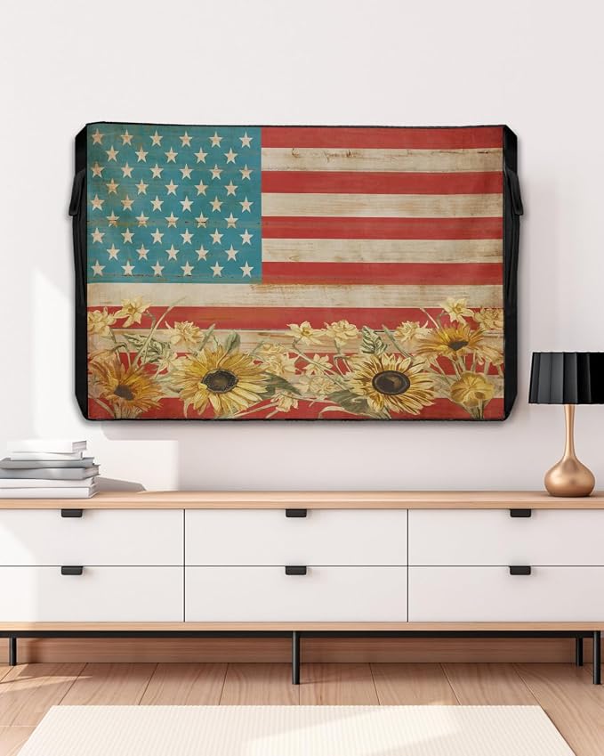 American Flag Outdoor TV Cover 40 to 43 Inch Weatherproof, Sunflowers Farmhouse 600D Oxford TV Covers with Waterproof Zipper, USA Flag Outside Flat TV Screen Protector Size 40"W x 25"H x 4.5"D