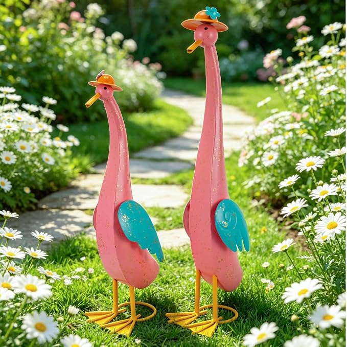 22" Duck Garden Statue Set of 2 Metal Ducks | Outdoor Decor Porch Animal Figurine Yard Art Sculptures Rustproof Lawn Ornament for Outside Patio Backyard Decorations