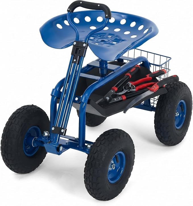 Garden Cart Rolling Workseat with Wheels, 360° Swivel Gardening Stool, Extendable Steering Handle & Utility Tool Tray, 10-Inch Inflatable Tires, Reinforced Steel Construction for Patio, Yard, Outdoor