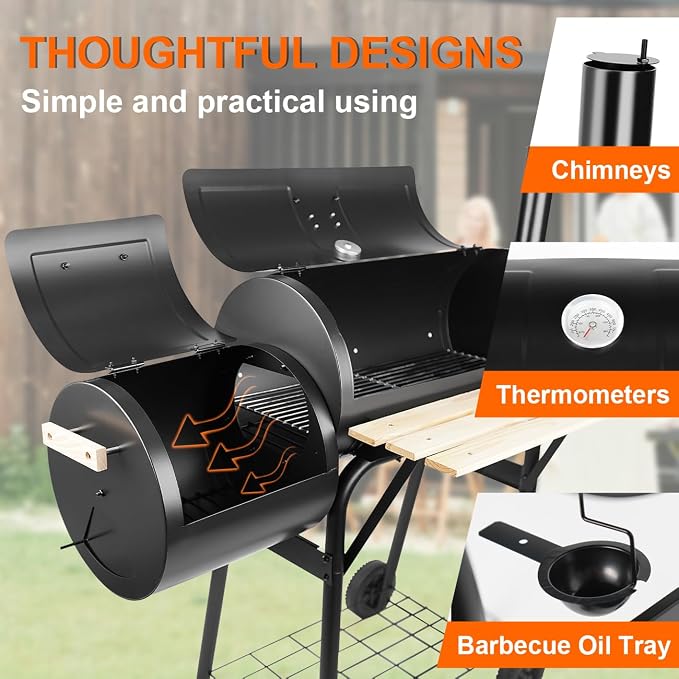 Charcoal Grills with Offset Smoker & Thermometer, Barrel BBQ Grill & Smoker Combo, Spacious Barbecue Grill for Outdoor Backyard Camping Parties