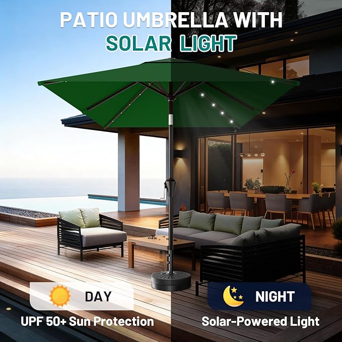 AreShark 6.5' x 10' Rectangular Patio Umbrella with Solar Lights, Solar Powered Lighted Market Umbrella w/Tilt and Crank, Outdoor Table Umbrella for Garden, Deck, Backyard, Pool, Dark Green