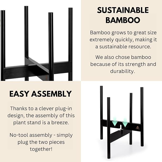Fox & Fern Bamboo Plant Stand — 11.8 Inch Fixed Size Wooden Mid Century Plant Stand for Indoor Planters (Not Included) - Raised Flower Pot Holder for Indoor Big Pots - Plug In Design - Dark Bamboo